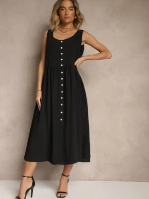 Czarna Rozkloszowana Sukienka z Wiskozy Ozdobiona Guzikami Nataviela cflo