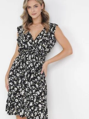 Czarna Rozkloszowana Sukienka z Wiskozy Ozdobiona Metalicznym Nadrukiem Elulaia cflo