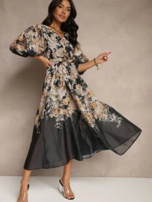 Czarna Rozkloszowana Sukienka z Wiskozy w Kwiatowy Wzór z Wiązaniem Redilina elsa.m by may