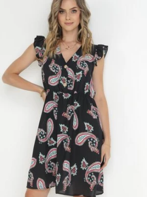 Czarna Rozkloszowana Sukienka z Wiskozy we Wzór Paisley Marinetta cflo