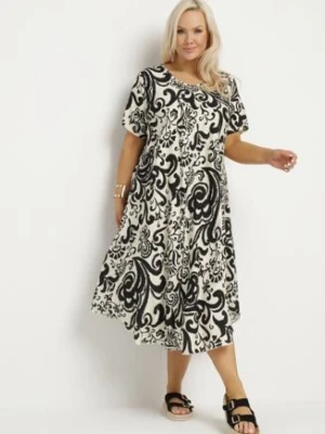 Czarna Rozkloszowana Sukienka z Wiskozy z Geometrycznym Wzorem Emisova j&x