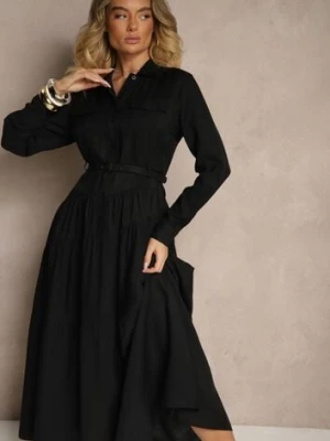 Czarna Rozkloszowana Sukienka z Wiskozy z Guzikami i Paskiem Ronesa unigirl