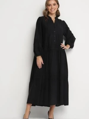 Czarna Rozkloszowana Sukienka z Wiskozy z Koronkowymi Wstawkami Nalanieth maja studio