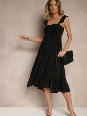 Czarna Rozkloszowana Sukienka z Wiskozy z Metalicznymi Przeszyciami Iffaria rosa