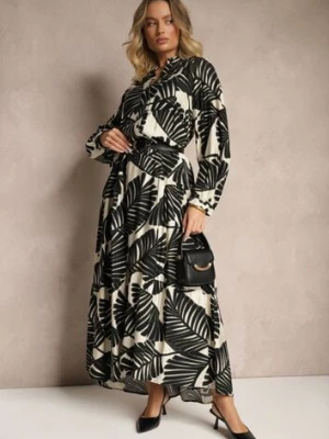 Czarna Rozkloszowana Sukienka z Wiskozy z Motywem Liści Wilvesia maja studio