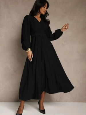 Czarna Rozkloszowana Sukienka z Wiskozy z Paskiem ze Sprzączką Orille unigirl