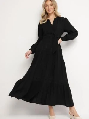 Czarna Rozkloszowana Sukienka z Wiskozy z Wiązanym Paskiem i Koronką Reivoria unigirl