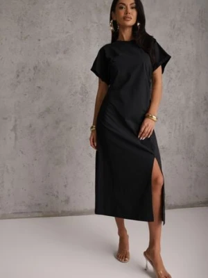 Czarna Rozkloszowana Sukienka Zdobiona Drapowaniem w Talii i Rozcięciem Uziola melya by melody