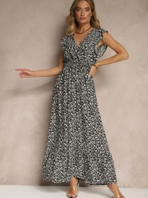 Czarna Rozkloszowana Sukienka Zdobiona Falbanami i Kwiatowym Printem Aravee n.every day