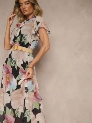 Czarna Rozkloszowana Sukienka Zdobiona Wiązaniem i Paskiem z Klamrą Sorisse lovery