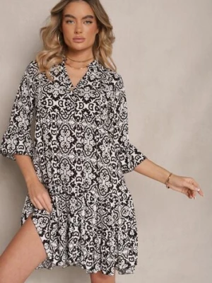 Czarna Rozkloszowna Sukienka z Bawełny w Ornamentalny Wzór z Falbaną Lanariella defox