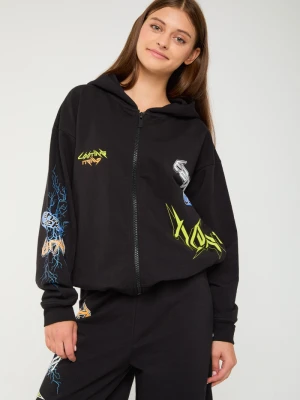 Czarna rozpinana bluza dresowa z kapturem i nadrukami Reporter