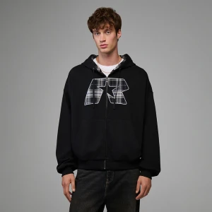 Czarna rozpinana bluza z kapturem i naszywką R w kratkę House