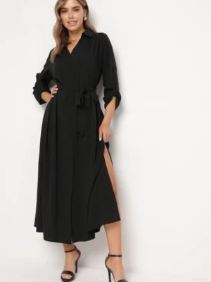 Czarna Rozpinana Sukienka Koszulowa z Regulowanymi Rękawami Grimoire unigirl