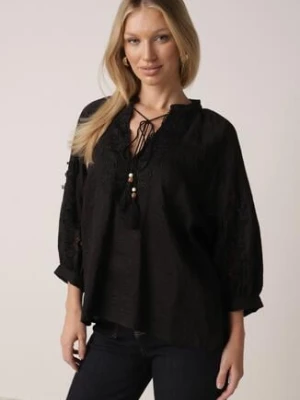 Czarna Rustykalna Bluzka z Tencelu Ozdobiona Wiązaniem Koronką i Koralikami Sachi elsa.m by may