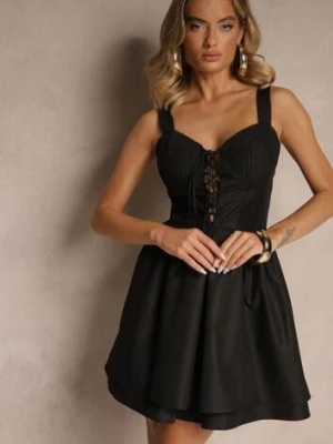 Czarna Rustykalna Sukienka Vices z Bawełny Zdobiona Wiązaniem Fenirelle