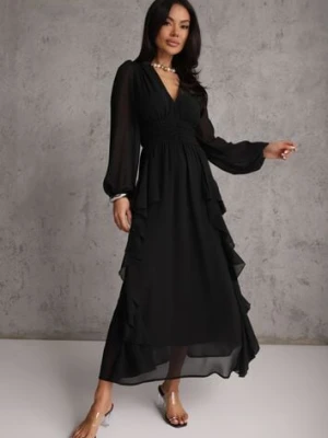 Czarna Rustykalna Sukienka Wieczorowa z Falbanami i Marszczeniem w Talii Himereanes bisou's project