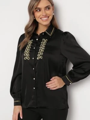 Czarna Satynowa Koszula z Kołnierzykiem Ozdobiona Cyrkoniami i Perełkami Classa elsa.m by may