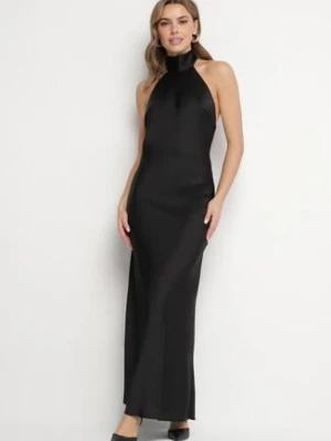 Czarna Satynowa Sukienka Koktajlowa z Dekoltem Halter Annela allyson