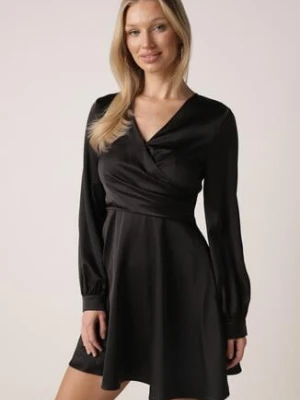 Czarna Satynowa Sukienka VICES z Bawełny o Kopertowym Kroju Glanita