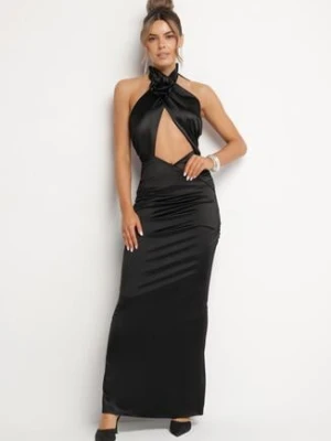 Czarna Satynowa Sukienka Wiązana na Szyi z Wycięciem pod Biustem i Różyczką Roneza allyson