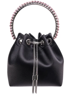 Czarna satynowa torba typu bucket z zapięciem na sznurek i kryształami Jimmy Choo