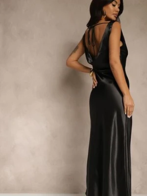 Czarna Satynowa Wiskozowa Sukienka Koktajlowa z Bawełną Deleisana