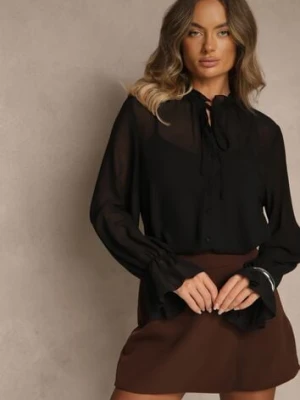 Czarna Siateczkowa Koszula VICES Zdobiona Falbankami i Wiązaniem Zevoria