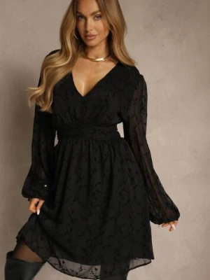 Czarna Siateczkowa Sukienka o Rozkloszowanym Kroju w Kwiaty Vidsella