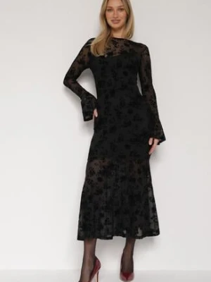 Czarna Siateczkowa Sukienka Wieczorowa VICES z Welurowym Wzorem Jilney
