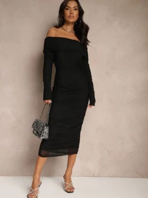 Czarna Siateczkowa Sukienka z Marszczeniami i Odkrytymi Ramionami z Wywiniętym Dekoltem Tinareta