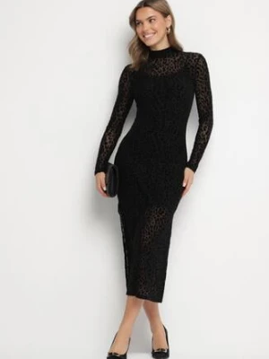 Czarna Siateczkowa Sukienka z Welurowym Nadrukiem w Cętki i Rozcięciami Zaili by swan
