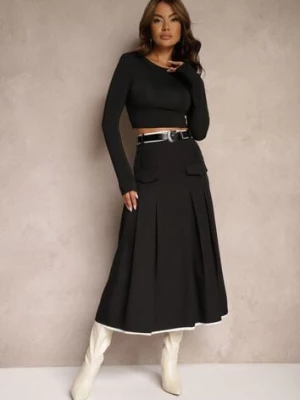 Czarna Spódnica High Waist z Plisami Wykończona Imitacją Kieszeni i Paskiem Evilenes elsa.m by may