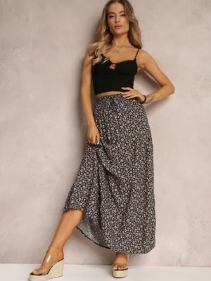 Czarna Spódnica Maxi Bawełniana w Kwiatowy Wzór Rayegan rosa