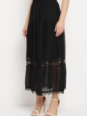 Czarna Spódnica Maxi o Rozkloszowanym Fasonie z Ozdobną Koronką Giadara sweet&girl