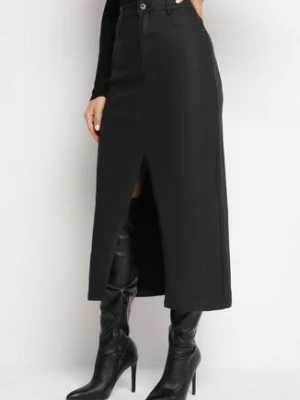 Czarna Spódnica Midi z Wysokim Stanem na Guzik i Suwak z Kieszeniami i Rozcięciem Claudill daysie
