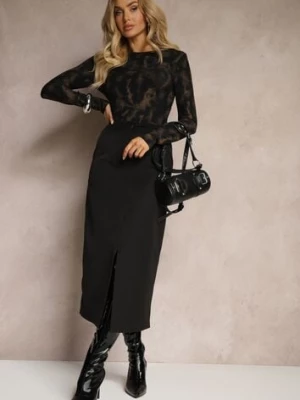 Czarna Spódnica Ołówkowa z Wiskozą High Waist z Rozcięciem Semivinia