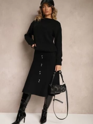 Czarna Spódnica z Dodatkiem Wełny o Rozkloszowanym Kroju z Guzikami Tirezi p-a fashion