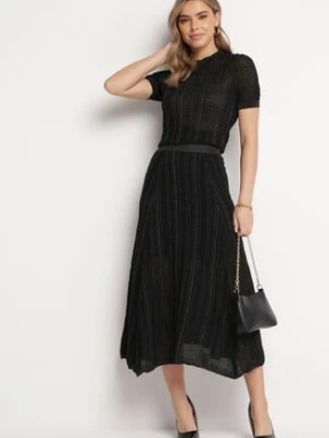 Czarna Spódnica z Ozdobnym Tłoczeniem Błyszczącą Nicią i Gumką w Pasie Pirlena rosa