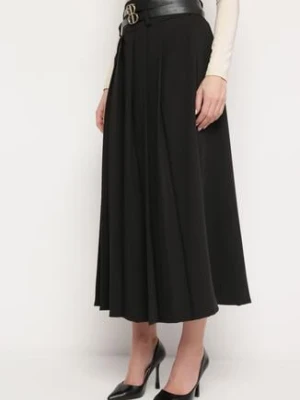 Czarna Spódnica z Podwójnym Paskiem z Ekoskóry i Szerokimi Plisami Hiritai lily rose