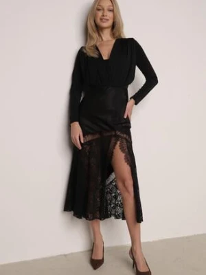 Czarna Spódnica z Satyny z Koronką i Rozcięciem na Nogę Doritana bisou's project
