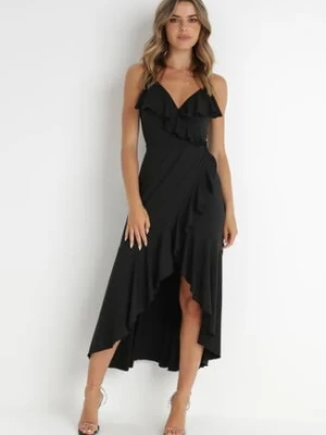 Czarna Kopertowa Sukienka na Ramiączkach Zdobiona Falbanami Adathe by swan