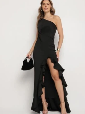 Czarna Sukienka Asymetryczna z Ozdobną Falbaną Lunorilla messaya