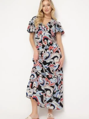 Czarna Sukienka Bawełniana Rozkloszowana z Kopertowym Dekoltem we Wzór Paisley Varissa generation