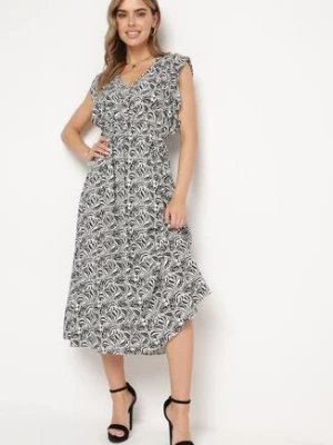 Czarna Sukienka Bawełniana z Gumką w Talii i Mozaikowym Wzorem Indaria defox