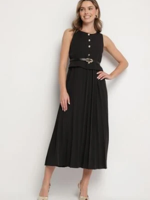 Czarna Sukienka Bez Rękawów z Plisami i Paskiem z Klamrą Iffale lovery