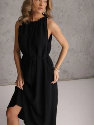 Czarna Sukienka Bez Rękawów z Wiskozy z Ozdobnym Dekoltem i Wiązaniem w Talii Azeira cflo