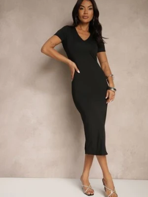 Czarna Sukienka Bodycon o Dopasowanym Kroju z Dekoltem w V Efrerina