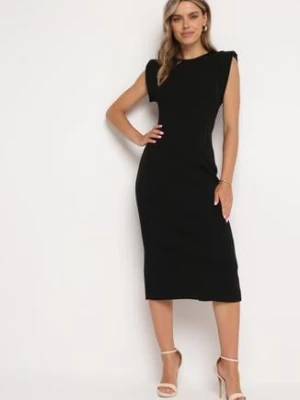 Czarna Sukienka Bodycon z Prążkowanej Dzianiny z Rozcięciem Roleria