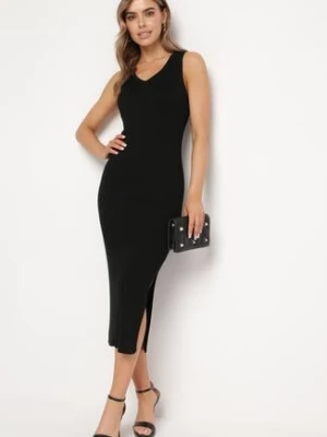 Zdjęcie produktu Czarna Sukienka Bodycon z Prążkowanej Lekkiej Dzianiny z Metaliczną Nitką Ithiles
